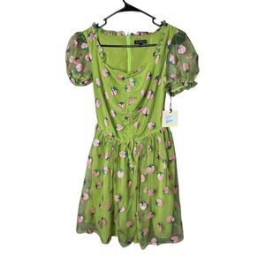 Unique Vintage Smak Parlour Avocado & Pink Strawberry Print Woodstock Flare Dres